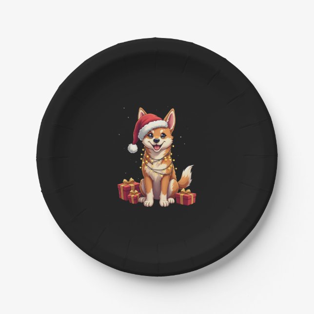 Funny Xmas Lighting Santa Hat Tamaskan Dog Christm Paper Plate (Front)