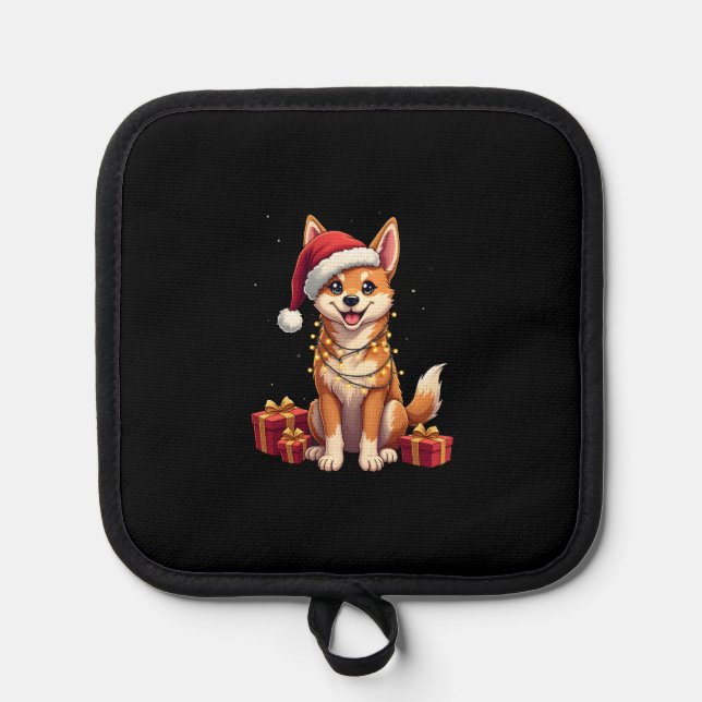 Funny Xmas Lighting Santa Hat Tamaskan Dog Christm Pot Holder (Front)