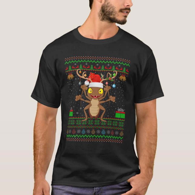 Funny Xmas Lighting Santa Hat Ugly Cockroach Chris T-Shirt (Front)