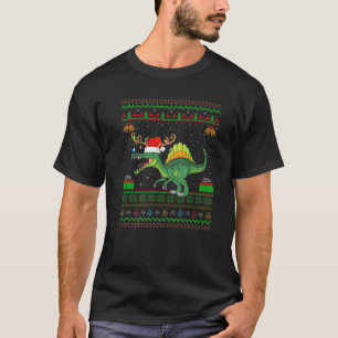 Funny Xmas Lighting Santa Hat Ugly Spinosaurus Chr T-Shirt