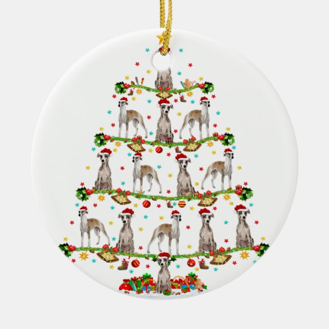 Funny Xmas Lighting Santa Whippet Christmas Tree Ceramic Ornament (Front)