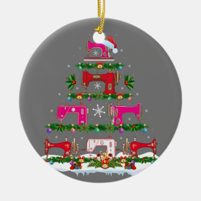 Funny Xmas Lighting Sewing Machine Christmas Tree Ceramic Ornament (Front)