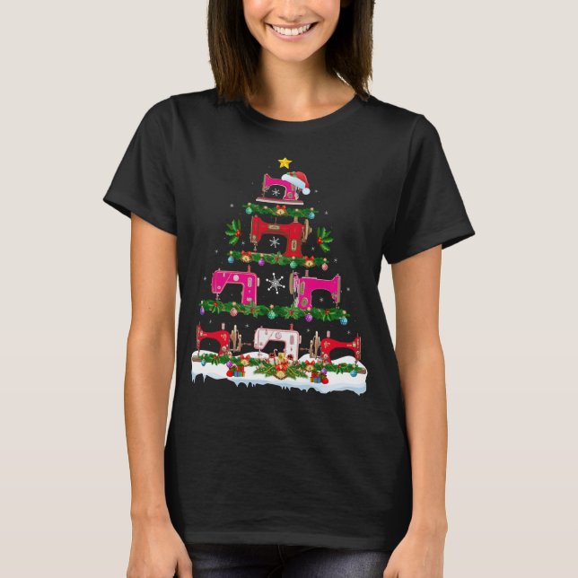Funny Xmas Lighting Sewing Machine Christmas Tree T-Shirt (Front)