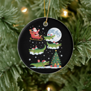 Funny Xmas Lighting Tree Santa Riding Alligator Ceramic Ornament