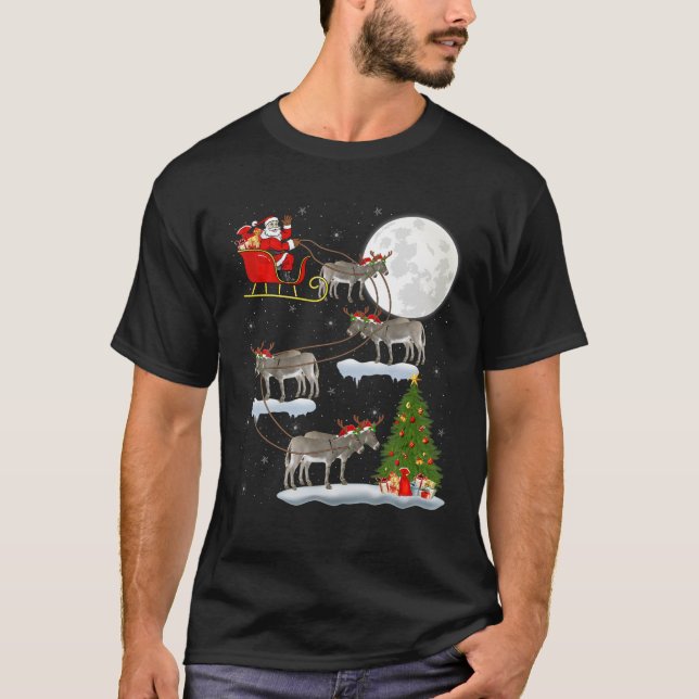 Funny Xmas Lighting Tree Santa Riding Donkey Chris T-Shirt (Front)