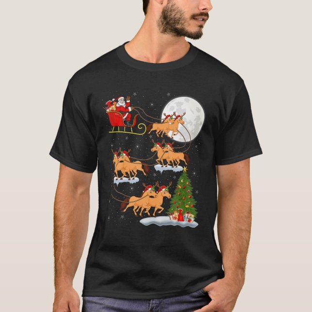 Funny Xmas Lighting Tree Santa Riding Horse Christ T-Shirt (Front)