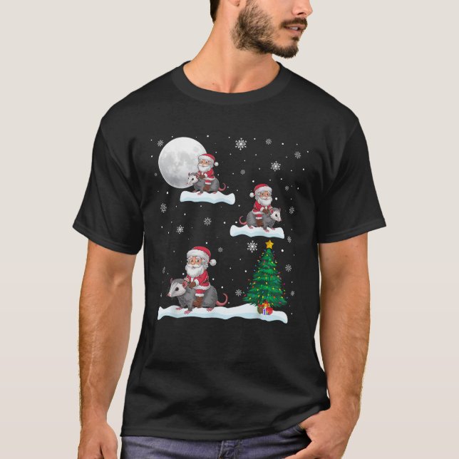 Funny Xmas Lighting Tree Santa Riding Opossum Chri T-Shirt (Front)