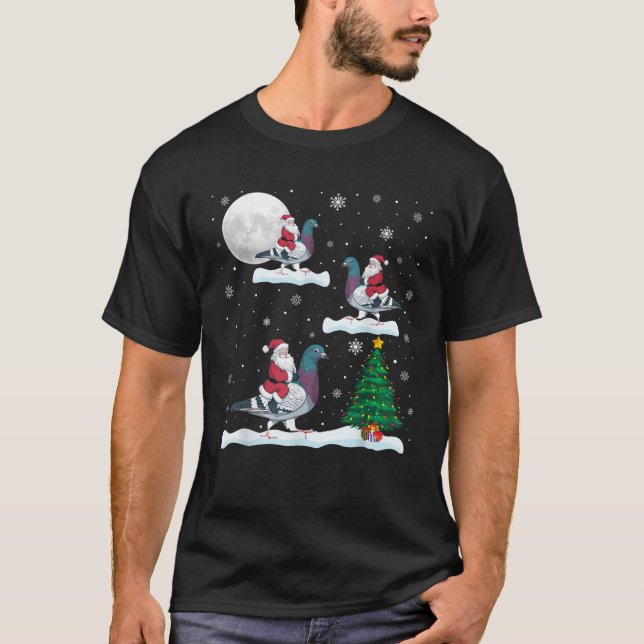 Funny Xmas Lighting Tree Santa Riding Pigeon Chris T-Shirt (Front)