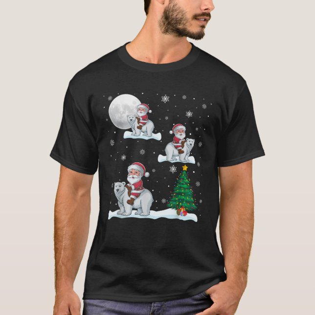 Funny Xmas Lighting Tree Santa Riding Polar Bear C T-Shirt (Front)