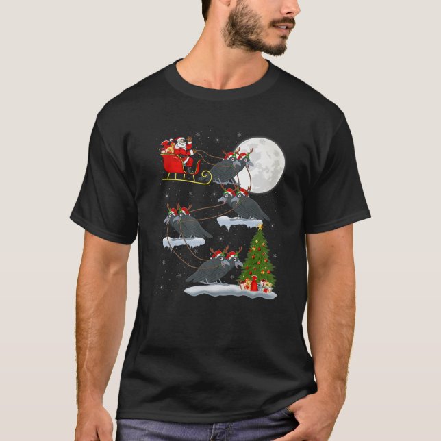 Funny Xmas Lighting Tree Santa Riding Raven Bird C T-Shirt (Front)