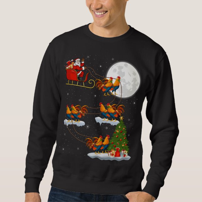 Funny Xmas Lighting Tree Santa Riding Rooster Bird Sweatshirt (Front)