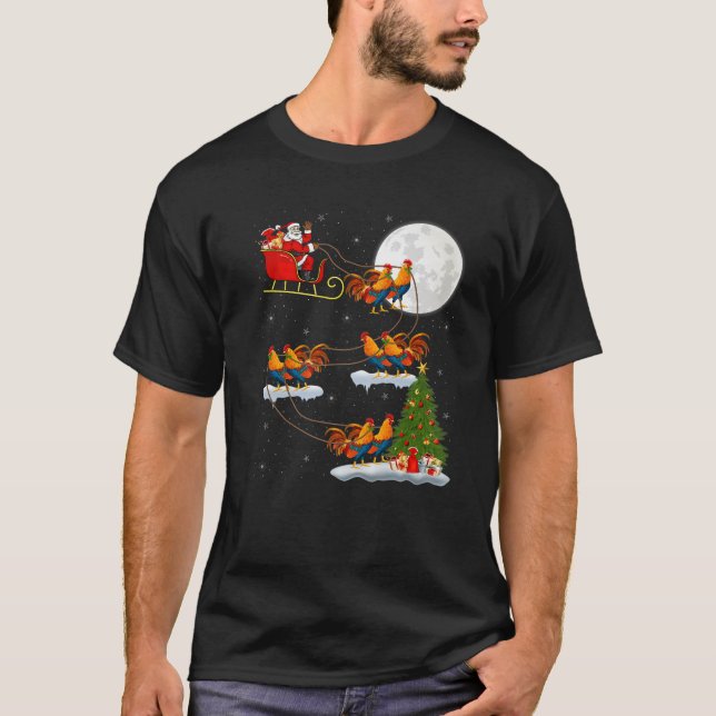 Funny Xmas Lighting Tree Santa Riding Rooster Bird T-Shirt (Front)