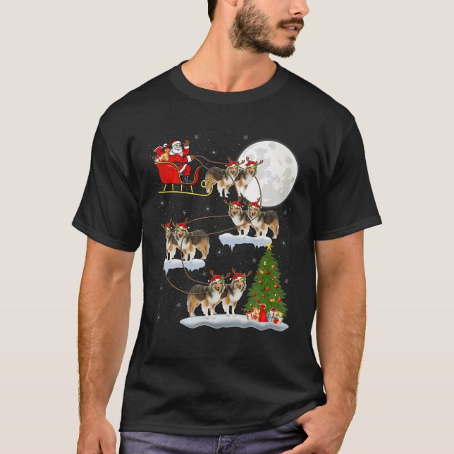 Funny Xmas Lighting Tree Santa Riding Sheltie Chri T-Shirt (Front)