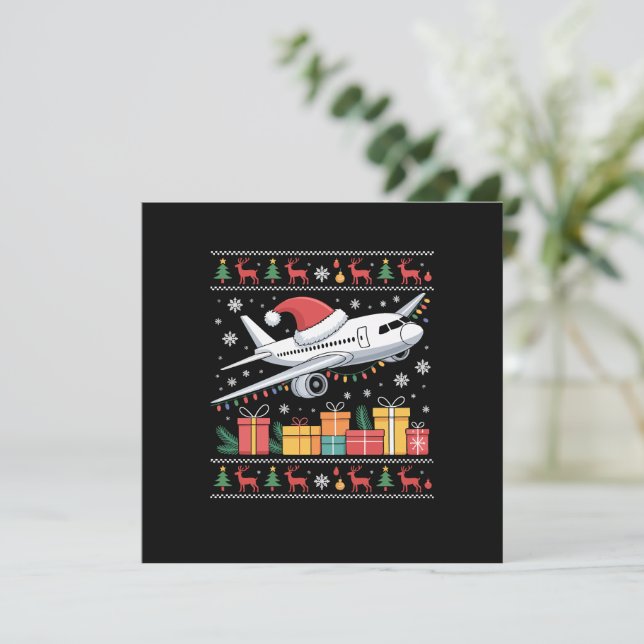 Funny Xmas Lighting Tree Santa Ugly Aeroplane  Holiday Card (Standing Front)
