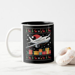 Funny Xmas Lighting Tree Santa Ugly Aeroplane  Two-Tone Coffee Mug