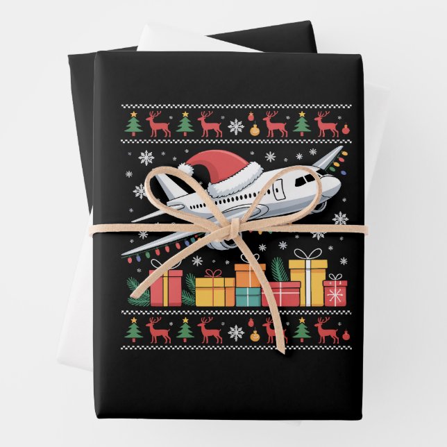 Funny Xmas Lighting Tree Santa Ugly Aeroplane  Wrapping Paper Sheet (In situ)