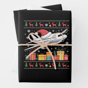 Funny Xmas Lighting Tree Santa Ugly Airplane  Wrapping Paper Sheet