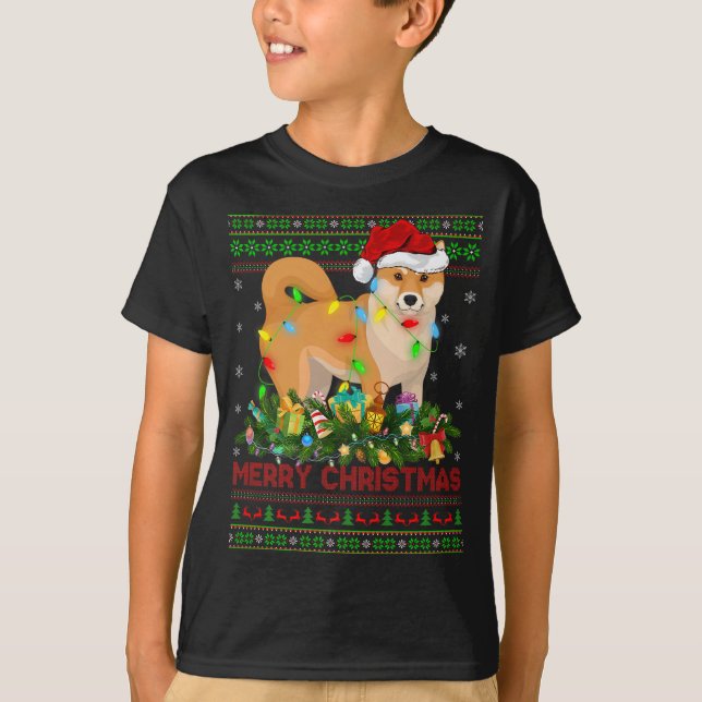 Funny Xmas Lighting Tree Santa Ugly Shiba Inu Dog  T-Shirt (Front)