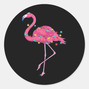 Funny Xmas Lights Pink Flamingo Tropical Christmas Classic Round Sticker