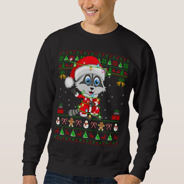 Funny Xmas Lights Ugly Sweater Style Santa Racoon (Front)