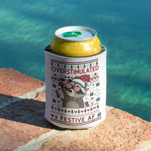 Funny Xmas Overstimulated & Festive Af Racoon Can Cooler (In Situ Pool)