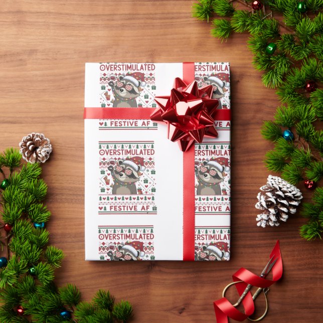 Funny Xmas Overstimulated & Festive Af Racoon Wrapping Paper (Holiday Gift)