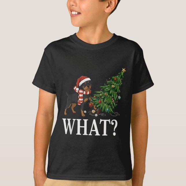 Funny Xmas Rottweiler Pushing Christmas Tree Over  T-Shirt (Front)