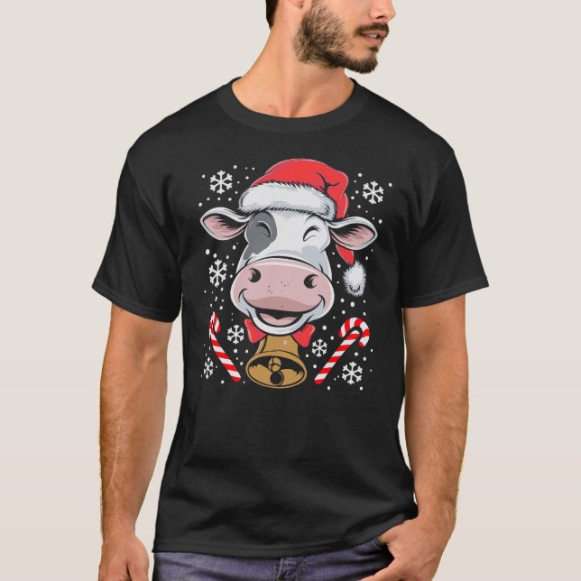 Funny Xmas Santa Hat Cow Christmas Lights T-Shirt (Front)