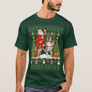 Funny Xmas Ugly Santa Riding Australian Shepherd C T-Shirt