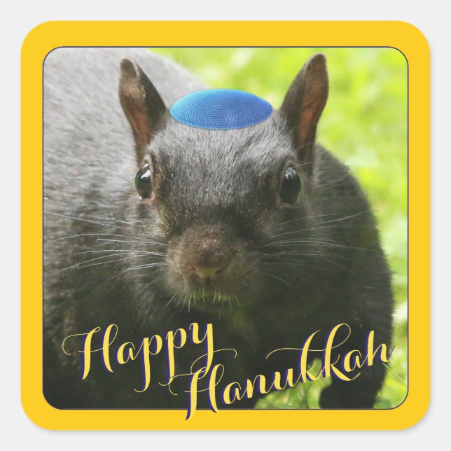 Funny Yarmulke-Wearing Squirrel • Happy Hanukkah Square Sticker (Front)