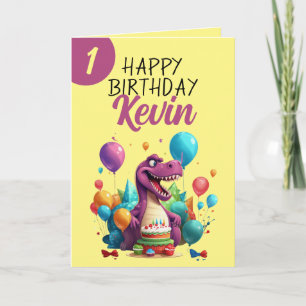 Funny Yellow and Purple Trex Boy 1st Birthday Card