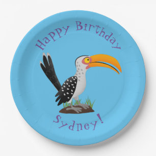 Funny yellow billed hornbill personalised birthday paper plate