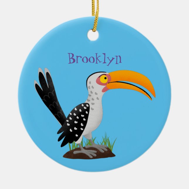 Funny yellow billed hornbill safari bird cartoon ceramic ornament (Front)
