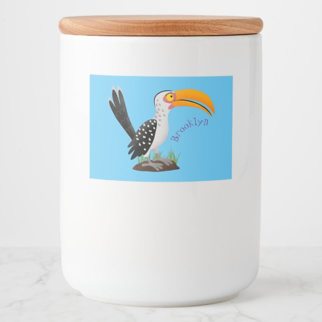 Funny yellow billed hornbill safari bird cartoon food label (Front)