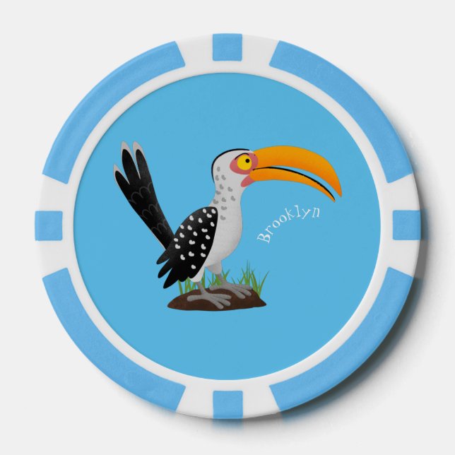 Funny yellow billed hornbill safari bird cartoon  poker chips (Front)