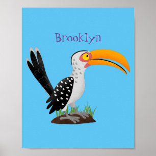 Funny yellow billed hornbill safari bird cartoon poster