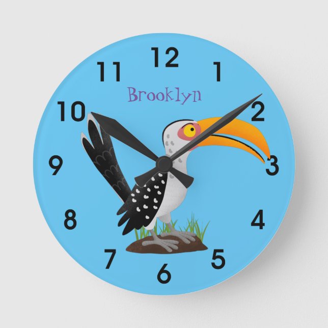 Funny yellow billed hornbill safari bird cartoon r round clock (Front)