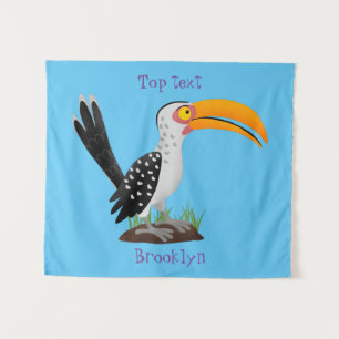 Funny yellow billed hornbill safari bird cartoon  tapestry