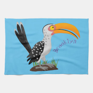 Funny yellow billed hornbill safari bird cartoon tea towel