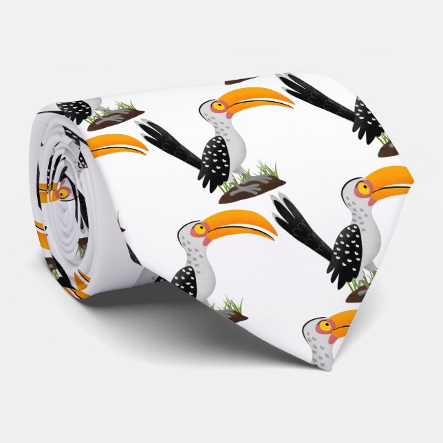 Funny yellow billed hornbill safari bird cartoon tie (Rolled)