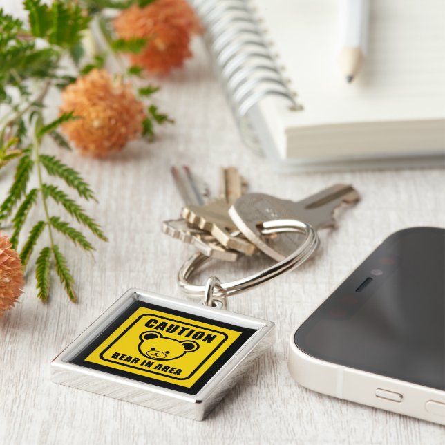 Funny Yellow Black Teddy Bear Warning Sign Art Key Ring (Side)