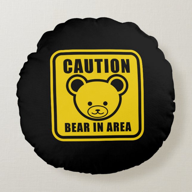 Funny Yellow Black Teddy Bear Warning Sign Art Round Cushion (Front)