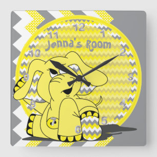 Funny Yellow Chevron Silly Elephant Square Wall Clock