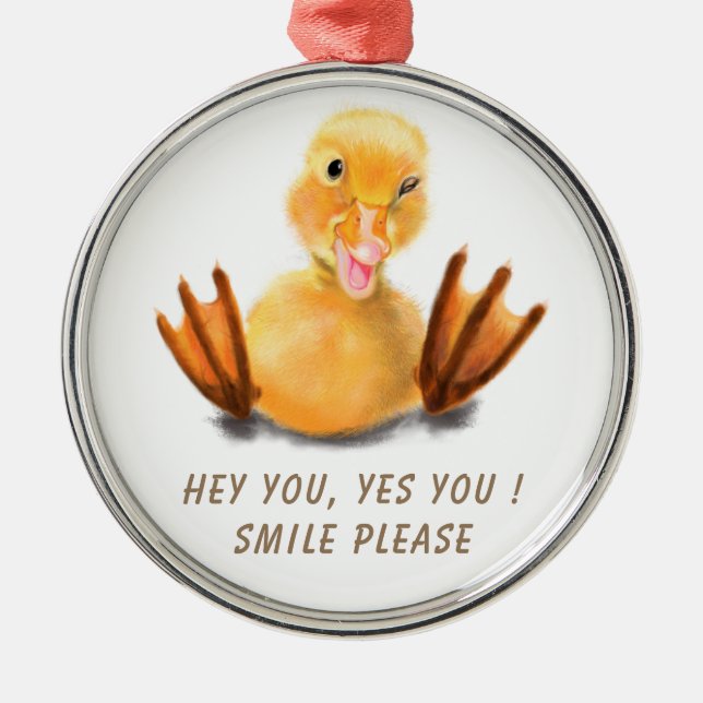 Funny Yellow Duck Playful Wink Smile - Custom Text Metal Ornament (Front)