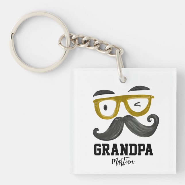 Funny Yellow Glasses & Moustache Grandpa Custom Key Ring (Front)