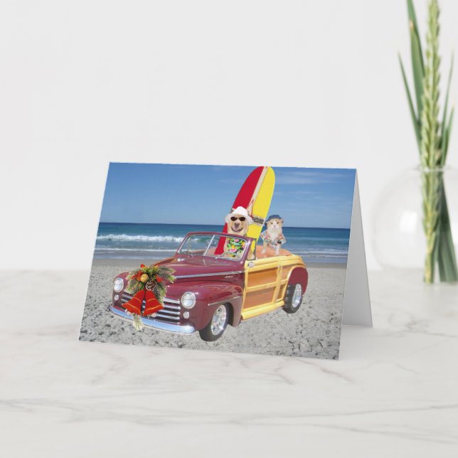 Funny Yellow Lab & Cat Surfer Christmas Holiday Card (Front)