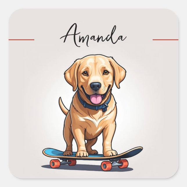 Funny Yellow Labrador on Skateboard Square Sticker (Front)