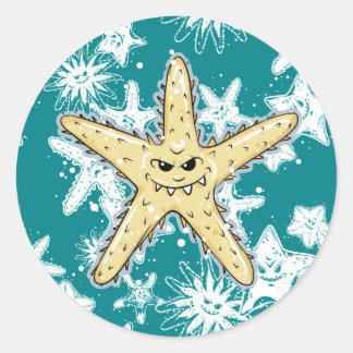 Funny yellow pointed Starfish with a smirk Classic Round Sticker