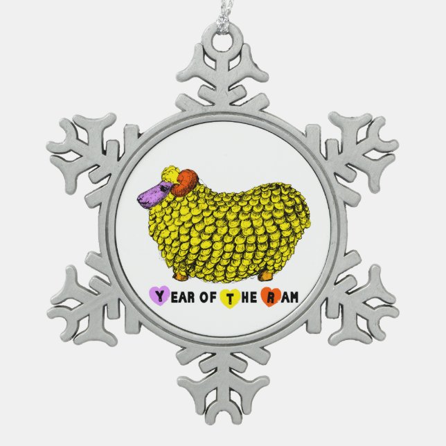Funny Yellow Ram Chinese Year Zodiac CO Snowflake Pewter Christmas Ornament (Front)