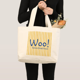 Funny Yellow Stripe Bold Blue Woo Bridal Shower Large Tote Bag